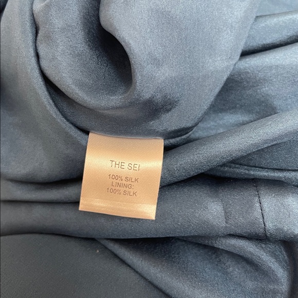 THE SEI Strapped Off Shoulder Silk Ruched Draped Asymmetric Blue Maxi Dress Sz 2 - Picture 9 of 9